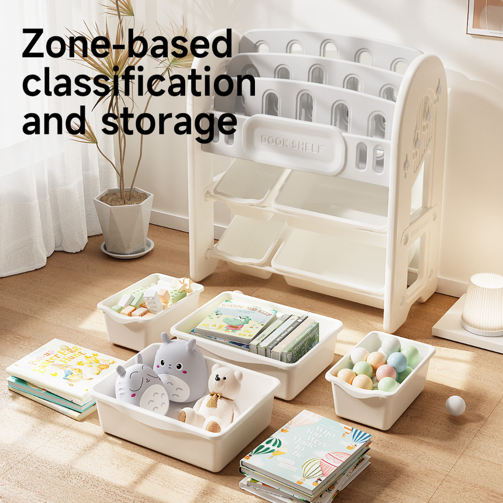 Estante Organizador para Niños con Librero Frontal y Contenedores Extraíbles.