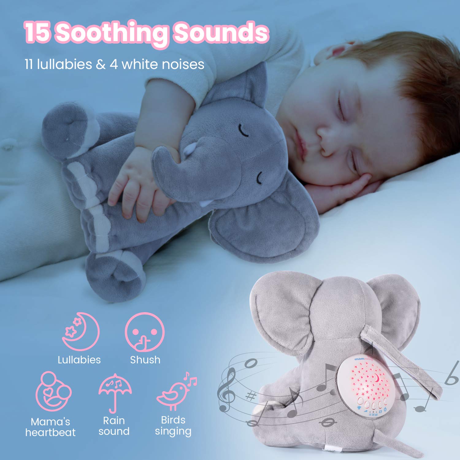 White Noise y proyector con diseño de elefante